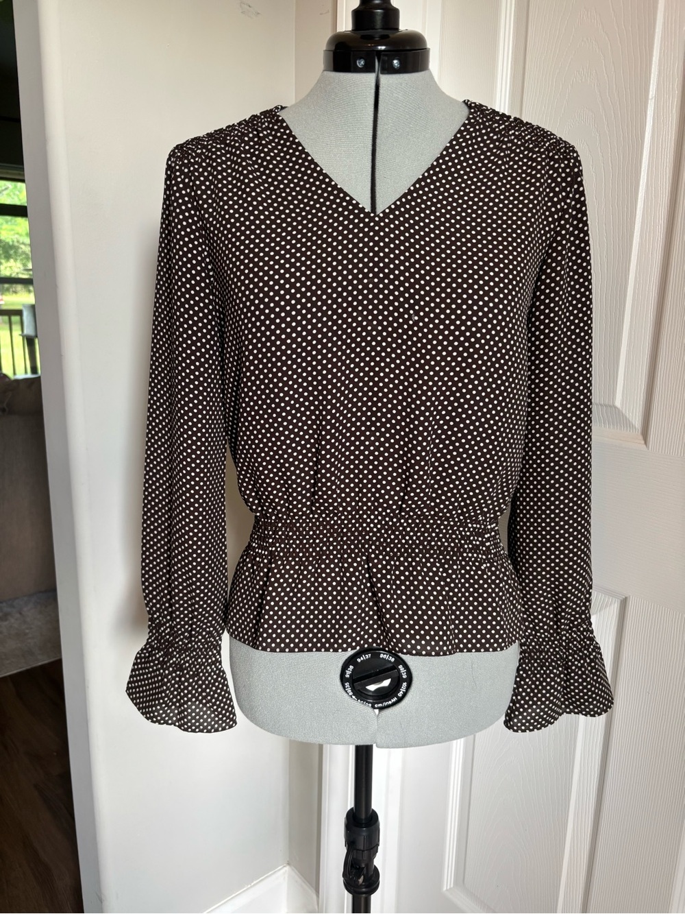 LOFT Brown & White Polka Dot V-Neck Peplum Blouse